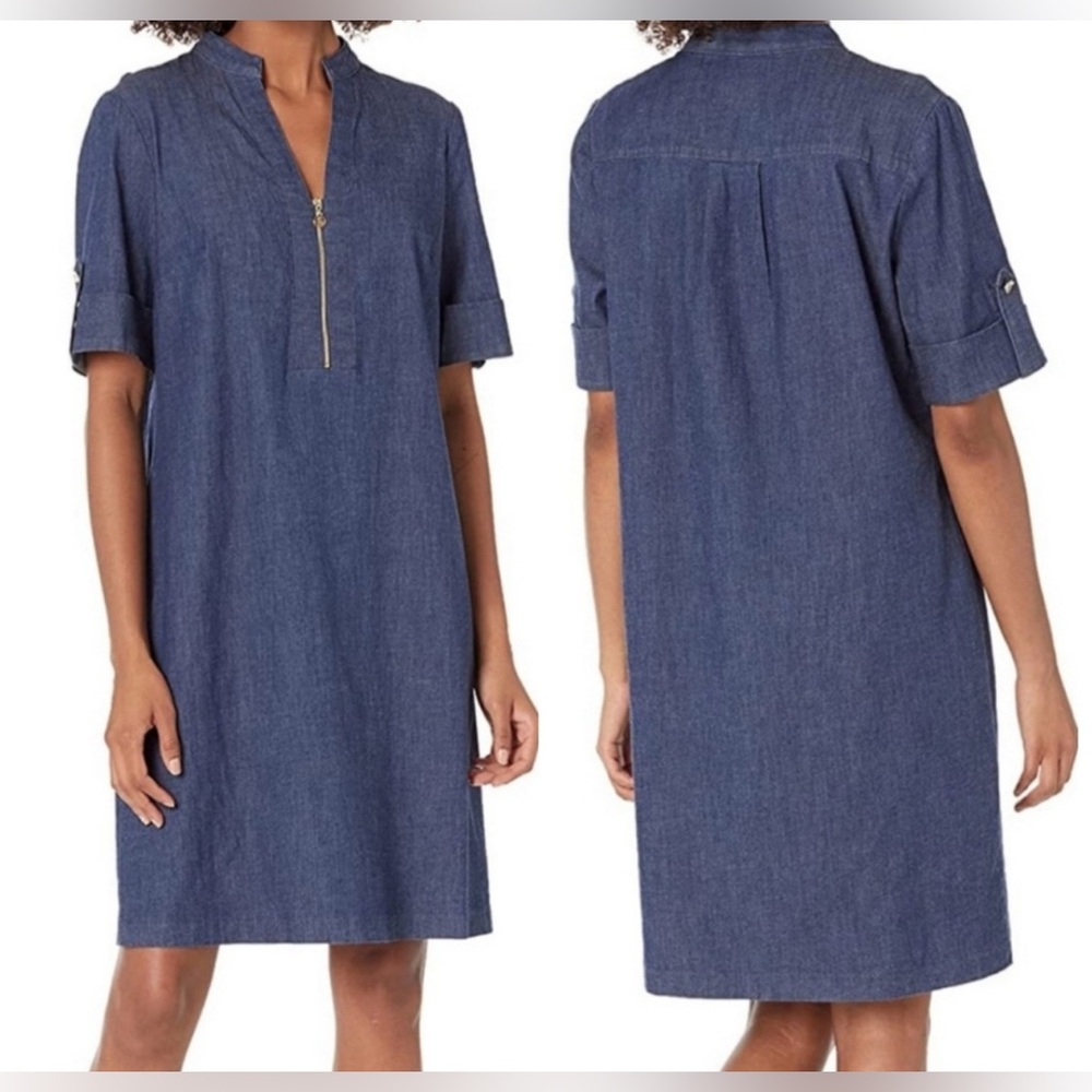 Anne Klein short sleeve dark wash T-shirt dress with quarter zip